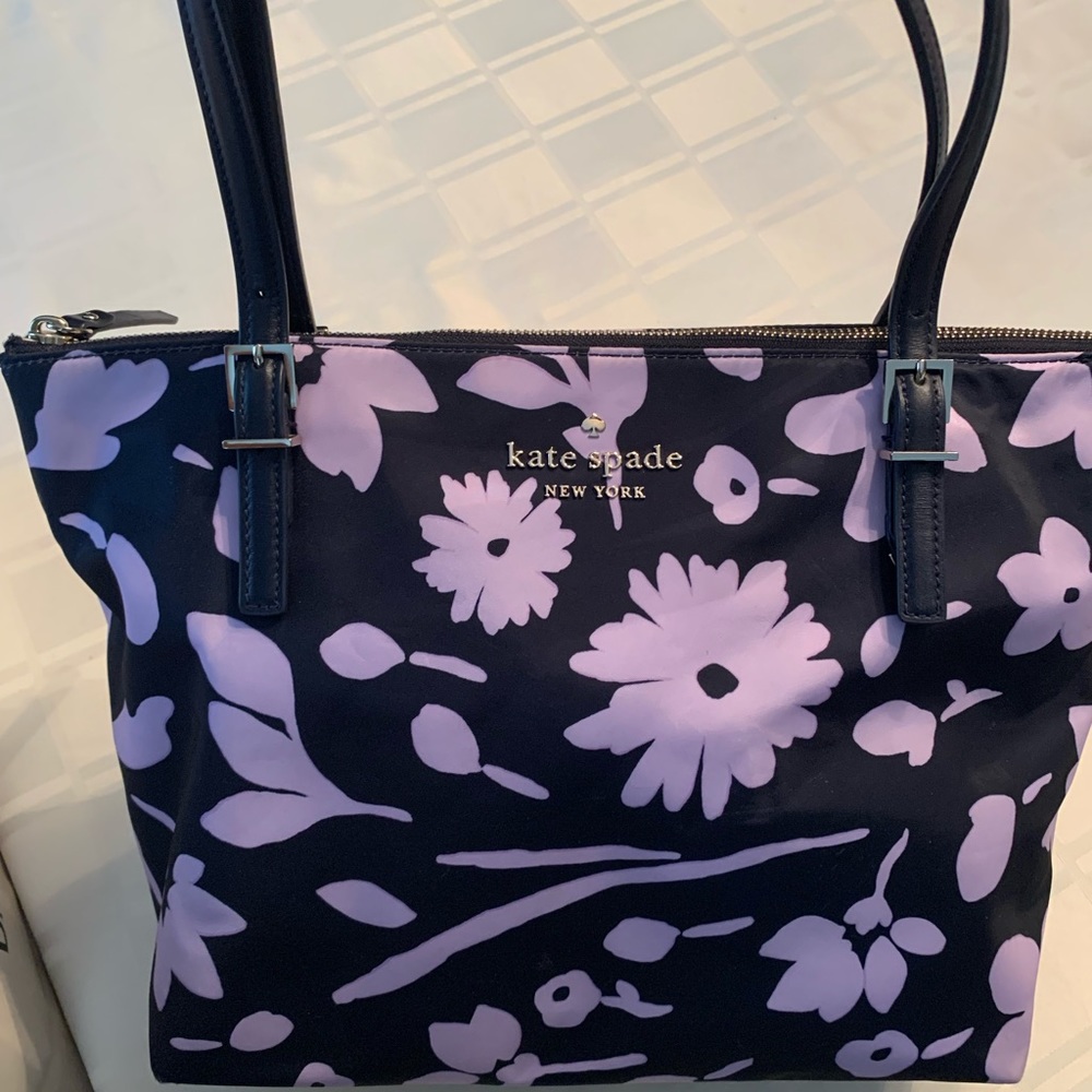 Kate Spade medium nylon tote in navy blue with lavender flowers
